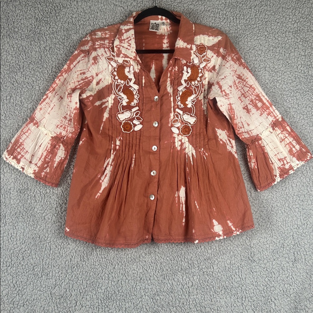 Parsley & Sage Tie Dye Bell Sleeve Button Down Pleated Embroidered Size M